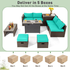 9 Piece Outdoor Rattan Set with 42 Inch Propane Fire Pit Table, Packs Down to 93 Inches, Turquoise