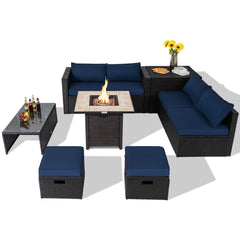 9 Piece PE Rattan Sectional with Gas Fire Pit Table, Lava Rocks, Storage Box and 2 Ottomans, Navy