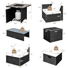 9 Piece PE Rattan Sectional with Gas Fire Pit Table, Lava Rocks, Storage Box and 2 Ottomans, Navy