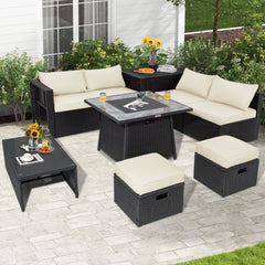 9 Piece Wicker Patio Sectional with 35 Inch Gas Fire Table, Storage Box and 2 Ottomans, Off White