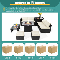 9 Piece Wicker Patio Sectional with 35 Inch Gas Fire Table, Storage Box and 2 Ottomans, Off White