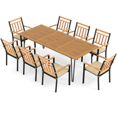 9 Piece Acacia Patio Dining Set for 8, 86.5 Inch Table on Hairpin Legs and Eight Slat Back Armchairs