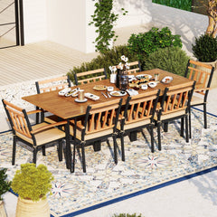9 Piece Acacia Patio Dining Set for 8, 86.5 Inch Table on Hairpin Legs and Eight Slat Back Armchairs