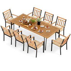 9 Piece Acacia Patio Dining Set for 8, 86.5 Inch Table on Hairpin Legs and Eight Slat Back Armchairs