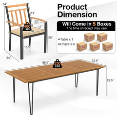 9 Piece Acacia Patio Dining Set for 8, 86.5 Inch Table on Hairpin Legs and Eight Slat Back Armchairs