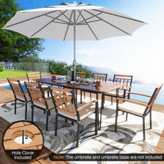9 Piece Acacia Patio Dining Set for 8, 86.5 Inch Table on Hairpin Legs and Eight Slat Back Armchairs
