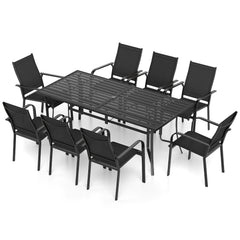 9 Piece Metal Patio Dining Set for 8 with Stackable Mesh Chairs and 76 in Table, Black