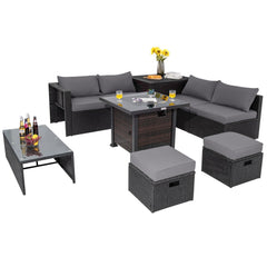 9 Piece Patio Furniture Set with 32 in Square 50,000 BTU Propane Fire Pit Table, Black Wicker Sofas, Storage Box and 2 Ottomans, Grey Cushions