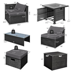 9 Piece Patio Furniture Set with 32 in Square 50,000 BTU Propane Fire Pit Table, Black Wicker Sofas, Storage Box and 2 Ottomans, Grey Cushions