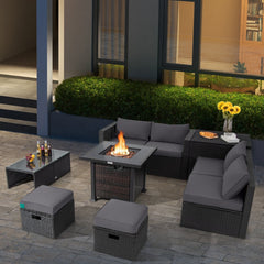 9 Piece Patio Furniture Set with 32 in Square 50,000 BTU Propane Fire Pit Table, Black Wicker Sofas, Storage Box and 2 Ottomans, Grey Cushions