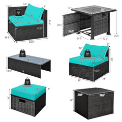 9 Piece Patio Furniture Set with 32 in Square 50,000 BTU Propane Fire Pit Table, Black Wicker Sofas, Storage Box and 2 Ottomans, Turquoise Cushions