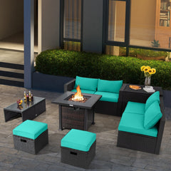 9 Piece Patio Furniture Set with 32 in Square 50,000 BTU Propane Fire Pit Table, Black Wicker Sofas, Storage Box and 2 Ottomans, Turquoise Cushions