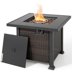 9 Piece Patio Furniture Set with 32 in Square 50,000 BTU Propane Fire Pit Table, Black Wicker Sofas, Storage Box and 2 Ottomans, Cream Cushions