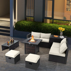 9 Piece Patio Furniture Set with 32 in Square 50,000 BTU Propane Fire Pit Table, Black Wicker Sofas, Storage Box and 2 Ottomans, Cream Cushions