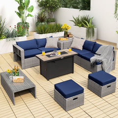 9 Piece Patio Furniture Set with 42 in 60,000 BTU Propane Fire Pit Table, Grey Wicker Sectional, Storage Box and 2 Ottomans, Navy Cushions