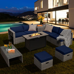 9 Piece Patio Furniture Set with 42 in 60,000 BTU Propane Fire Pit Table, Grey Wicker Sectional, Storage Box and 2 Ottomans, Navy Cushions
