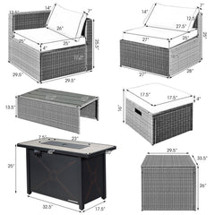 9 Piece Patio Furniture Set with 42 in 60,000 BTU Propane Fire Pit Table, Grey Wicker Sectional, Storage Box and 2 Ottomans, Navy Cushions