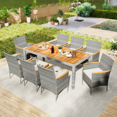 9 Piece Pale Grey Wicker Patio Dining Set for 8, 75 Inch Acacia Top Table and Eight Cushioned Armchairs