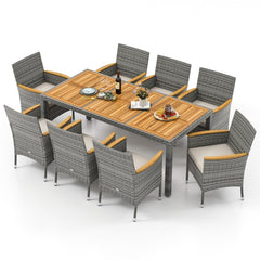 9 Piece Pale Grey Wicker Patio Dining Set for 8, 75 Inch Acacia Top Table and Eight Cushioned Armchairs