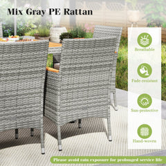 9 Piece Pale Grey Wicker Patio Dining Set for 8, 75 Inch Acacia Top Table and Eight Cushioned Armchairs