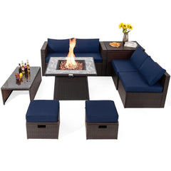 9 Piece Wicker Patio Sectional with 50000 BTU Gas Fire Table, Rustproof Steel Frame and Storage, Navy
