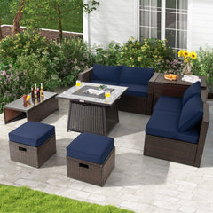 9 Piece Wicker Patio Sectional with 50000 BTU Gas Fire Table, Rustproof Steel Frame and Storage, Navy