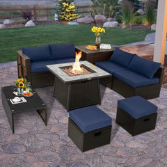 9 Piece Wicker Patio Sectional with 50000 BTU Gas Fire Table, Rustproof Steel Frame and Storage, Navy