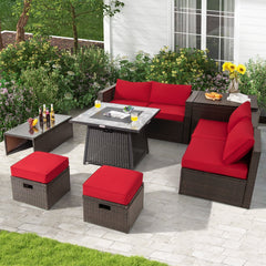 9 Piece Patio Wicker Sectional with 50000 BTU Square Fire Table and Two Covers Included, Red