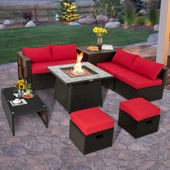 9 Piece Patio Wicker Sectional with 50000 BTU Square Fire Table and Two Covers Included, Red