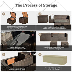 9 Piece Patio Wicker Sectional with 50000 BTU Square Fire Table and Two Covers Included, Red