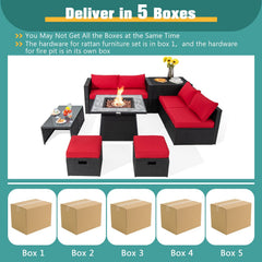 9 Piece Patio Wicker Sectional with 50000 BTU Square Fire Table and Two Covers Included, Red