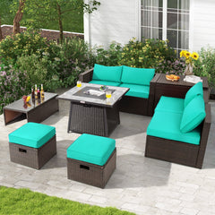 9 Piece Wicker Sectional Set with 50000 BTU Fire Pit Table, Six Seats and Three Storage Pieces, Turquoise