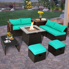 9 Piece Wicker Sectional Set with 50000 BTU Fire Pit Table, Six Seats and Three Storage Pieces, Turquoise