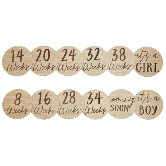 Kate & Milo Weekly Pregnancy Milestone Marker Discs - Classic Cursive Script Wooden Discs With Reversible Photo Props for Baby Announcement and Milestones, Gender-Neutral Gift for Expecting Moms