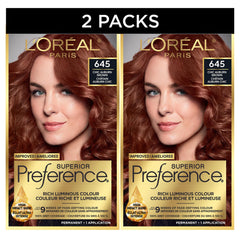 L'Oreal Paris Superior Preference Hair Dye, Hair Color for Women, 645 Chic Auburn Brown Hair Dye, Permanent Hair Color, 100% Grey Coverage, 9 weeks of Luminous Fade-Defying, 1 Kit (Pack of 2) (Packaging May Vary)