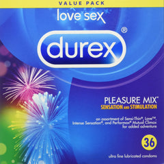 DUREX Pleasure Mix Condoms, Assorted Sensation Pack with Sensi-Thin, Love, Intense Sensation, and Performax Mutual Climax for Extra Pleasure and Stimulation, 36 Count