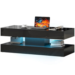 Coffee Table with Adjustable LED Lights, Modern Living Room Table with 2 Drawers, Open Shelf, Remote, High Gloss White