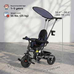 6 in 1 Kids Tricycle with Removable Handlebar and Canopy, Navy Blue
