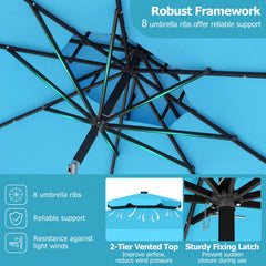 9 FT Solar LED Patio Umbrella Push-Button Tilt and Crank 24 LED Lights and 8 Ribs-Turquoise