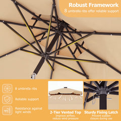 9 FT Solar LED Patio Umbrella Push-Button Tilt and Crank 24 LED Lights and 8 Ribs-Beige