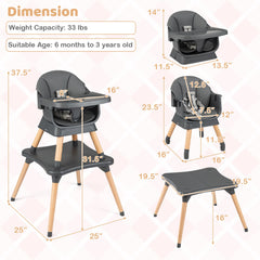 9-in-1 Convertible High Chair with Solid Wood Legs for Babies and Toddlers-Gray