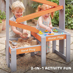 Wooden Sandbox, Kids Sand and Water Table with Waterway Track and Dual Boxes, Sensory Table for Outdoor, Grey