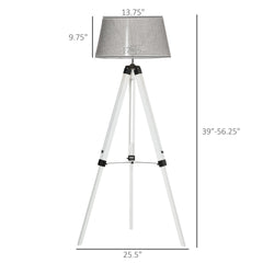 Tripod Floor Lamp, Adjustable Height Wooden Standing Lamp with E26 Lamp Base for Living Room, Bedroom, White and Grey