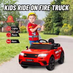 12V Kids Electric Fire Truck w/ Remote Control, Spring Suspension, Transport Wheel, Siren, Music, Light, Horn, Red