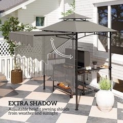 8' x 7.6' Grill Gazebo, Double Tiered Barbecue Grill Gazebo Shelter w/ Side Awning, 2 Side Shelves, 6 Hooks, Beige