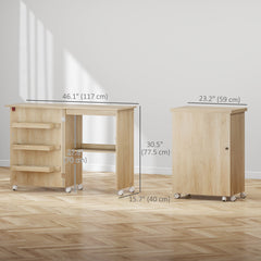 Sewing Machine Cabinet, Folding Sewing Table with Storage Shelf, Bins and Lockable Wheels for Small Space, Brown