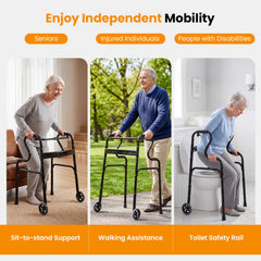 Adjustable Heavy-Duty Folding Walker with Unidirectional Wheels and Bi-Level Armrests-Black