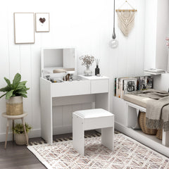 Modern Vanity Set with Flip Top Mirror and Cushioned Stool, Dressing Table with Storage Drawer for Bedroom, White