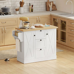Farmhouse Kitchen Island Cart with Power Outlet and Soft-Close Doors, 49" Kitchen Island with 3 Drawers, Black