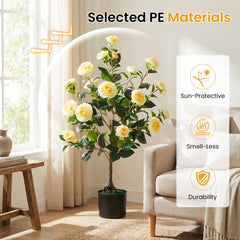 Artificial Camellia Tree Faux Flower Plant in Cement-Filled Pot-Yellow